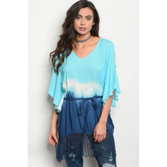 Last 💙 Blue Tie Dye Cold Shoulder Top - Picture 2 of 8